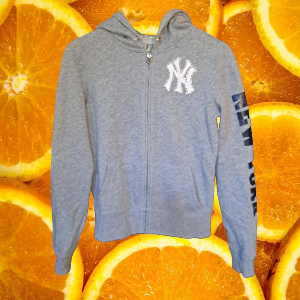 Pink New York Yankees Full Zip Gray Hoodie with Writing on Back Size‎ Small